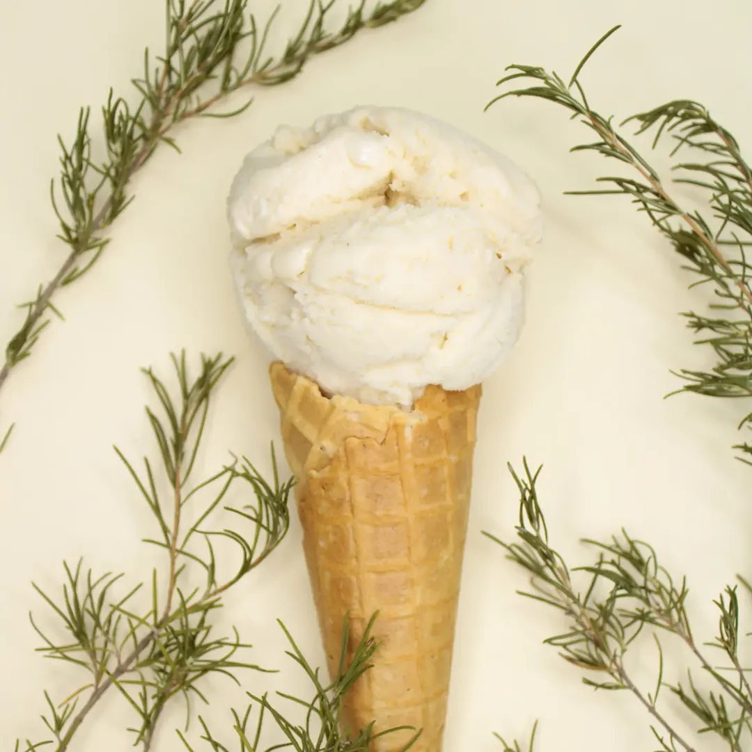 Gelado num cone de waffle, com ramos verdes à volta